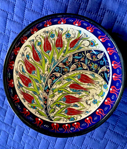 Iznik Ceramic Turkish Bowl Hand Painted Embossed with Ottoman Red Tulip Flowers
