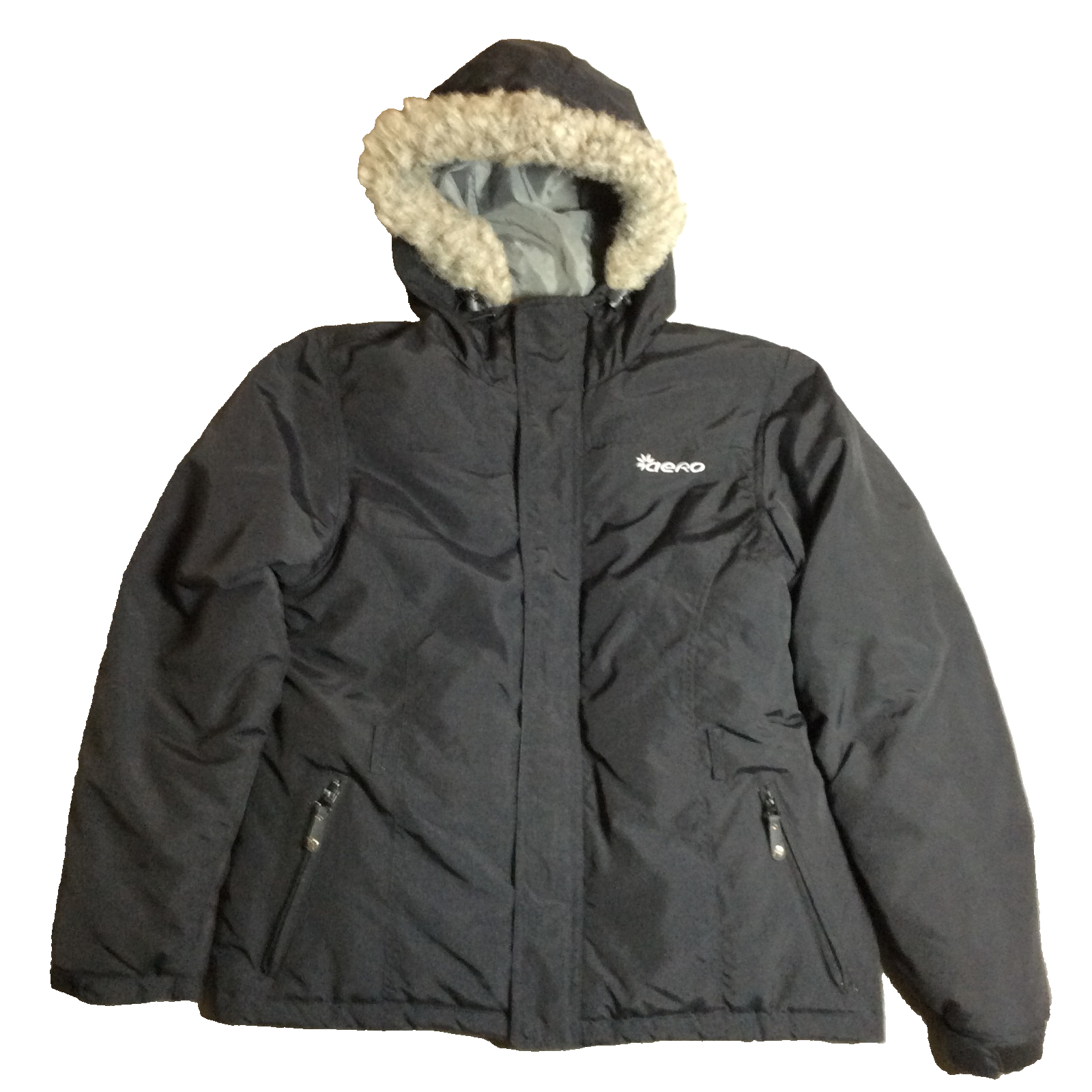 Aeropostale Women's Down Parka Large Black Faux Fur Trim Hood Lined Winter Coat