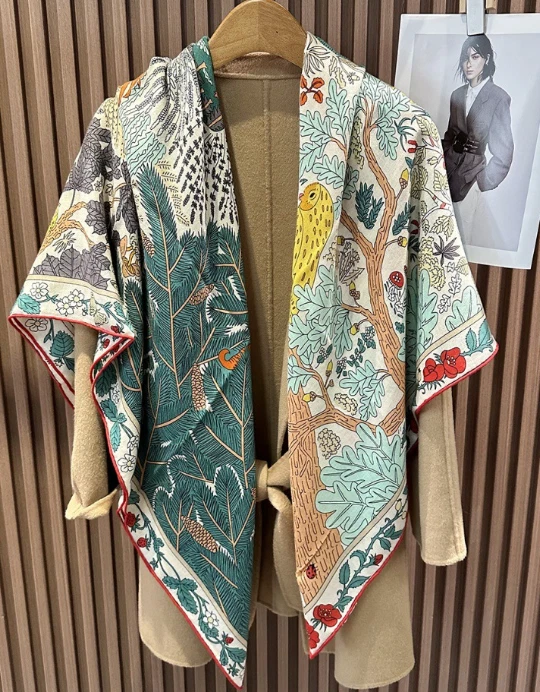 70% Cashmere 30% Silk Forest Print Neckerchief 53'' Shawl Bandana Scarf Wrap new