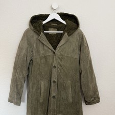 Vintage 80s Damen Ledermantel Khaki Echtleder Velours Gr. M