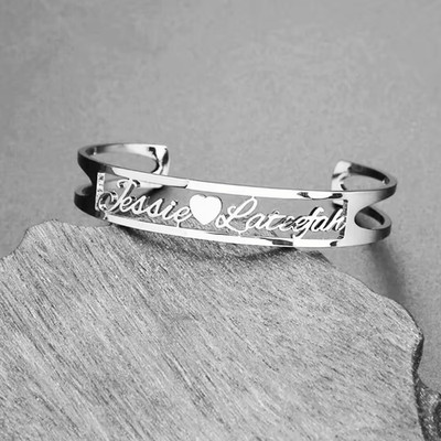 Customized Double Name Bracelet Bangle Adjustable Jewelry Gold Silver Heart