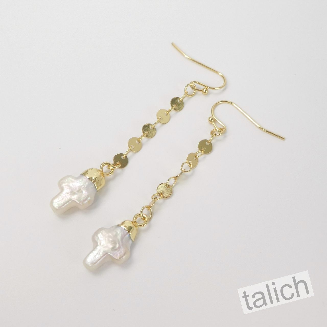 18K Gold Plated Small White Freshwater Pearl Cross Long Disc Chain Drop Earrings