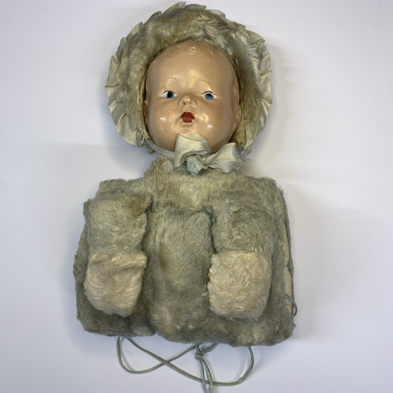 Antique Vintage Blue and White Fluffy Childs Muff with Antique Doll Head