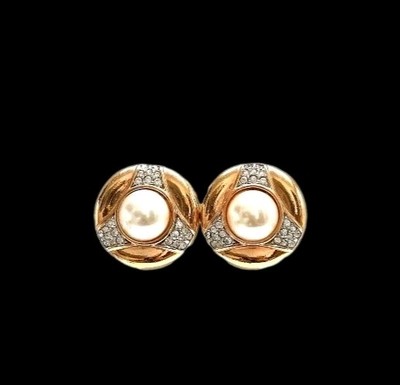 Daniel SWAROVSKI D.S.C Gold Tone Faux Pearl Pave Crystals Clip Back Earrings Vtg