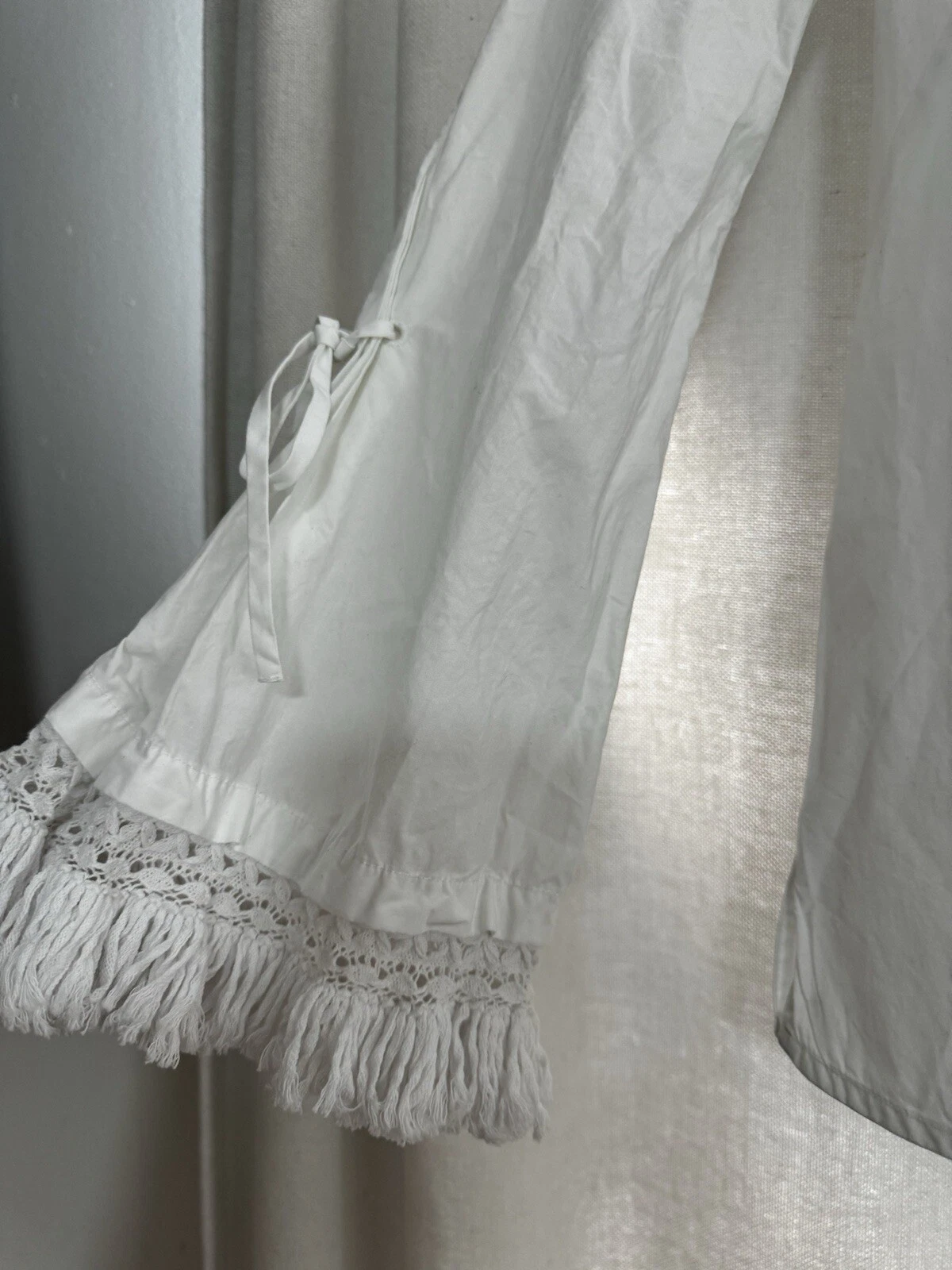 Tunica Tory Burch Sophie collo diviso manica lunga a campana frange popeline bianco taglia XS 0