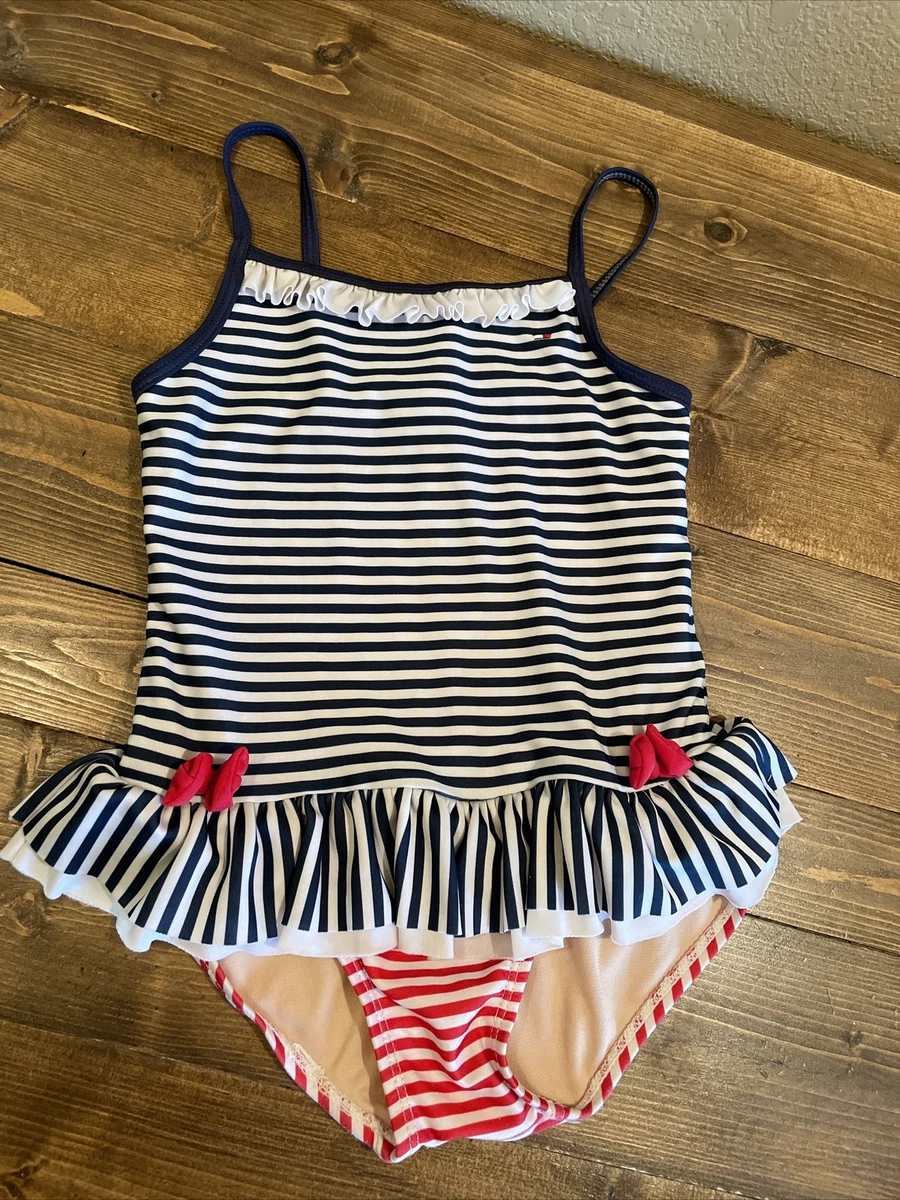 Tommy Hilfiger Girls White & Blue Stripe One-Piece Swimsuit Sz 6