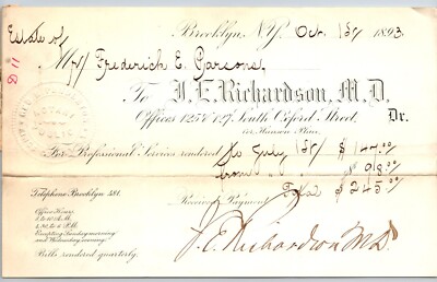 J.E. Richardson, M.D. South Oxford St. Brooklyn 1893 Medical Receipt w/Emb. Seal