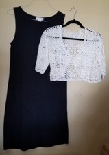 Vintage Black Sleeveless Dress Womens Sz M Jones NY & Lace White Short Sweater L