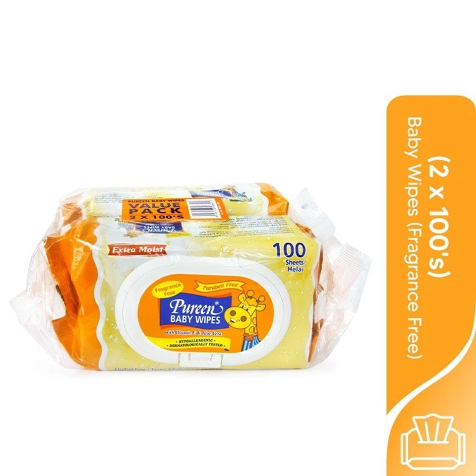 Pureen Baby Wipes Fragrance Free (2 x 100's) - Image 1 of 4