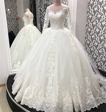 Elegant Long Sleeves Wedding Dresses Lace Applique O-Neck BrideGown Court Train