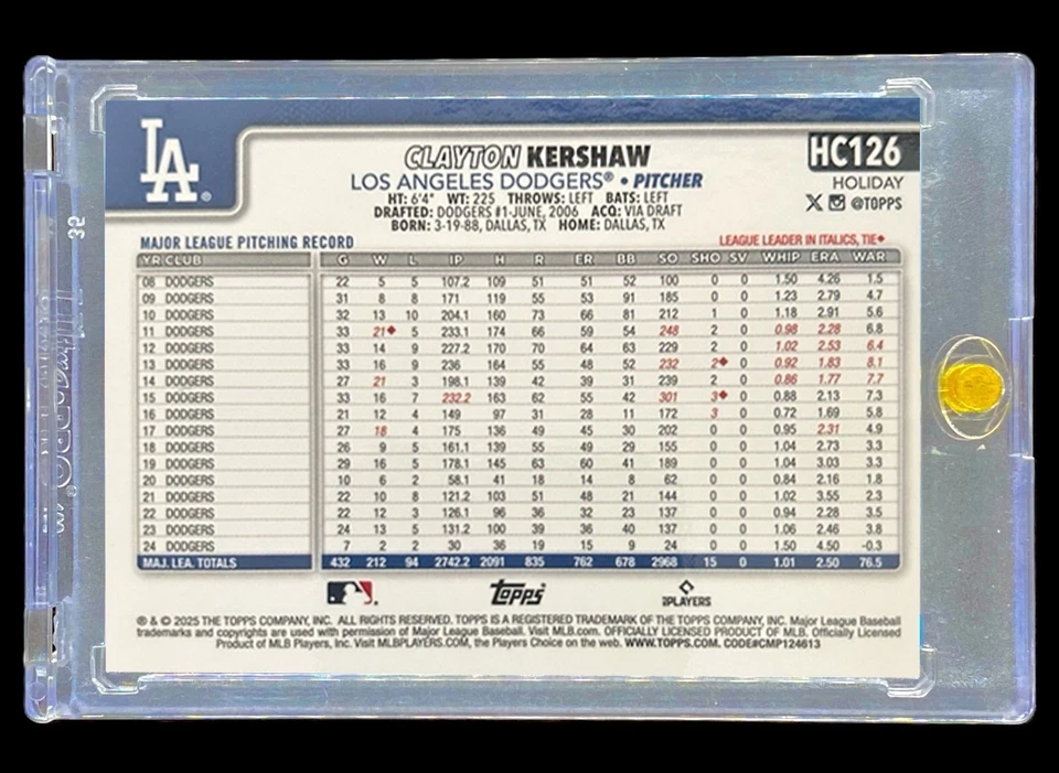 CLAYTON KERSHAW RARO REFRACTOR AZUL ARCO IRIS HOLO Navidad No Automático - DODGERS Foto 4 de 4