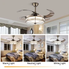 Tiffany Style Retractable Ceiling Fan With Light LED Dimmable 3-Color w/ Remote