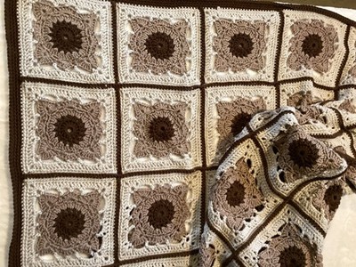 Handmade Crochet Blanket 64x64 Brown Cream Granny Square Oversized Throw