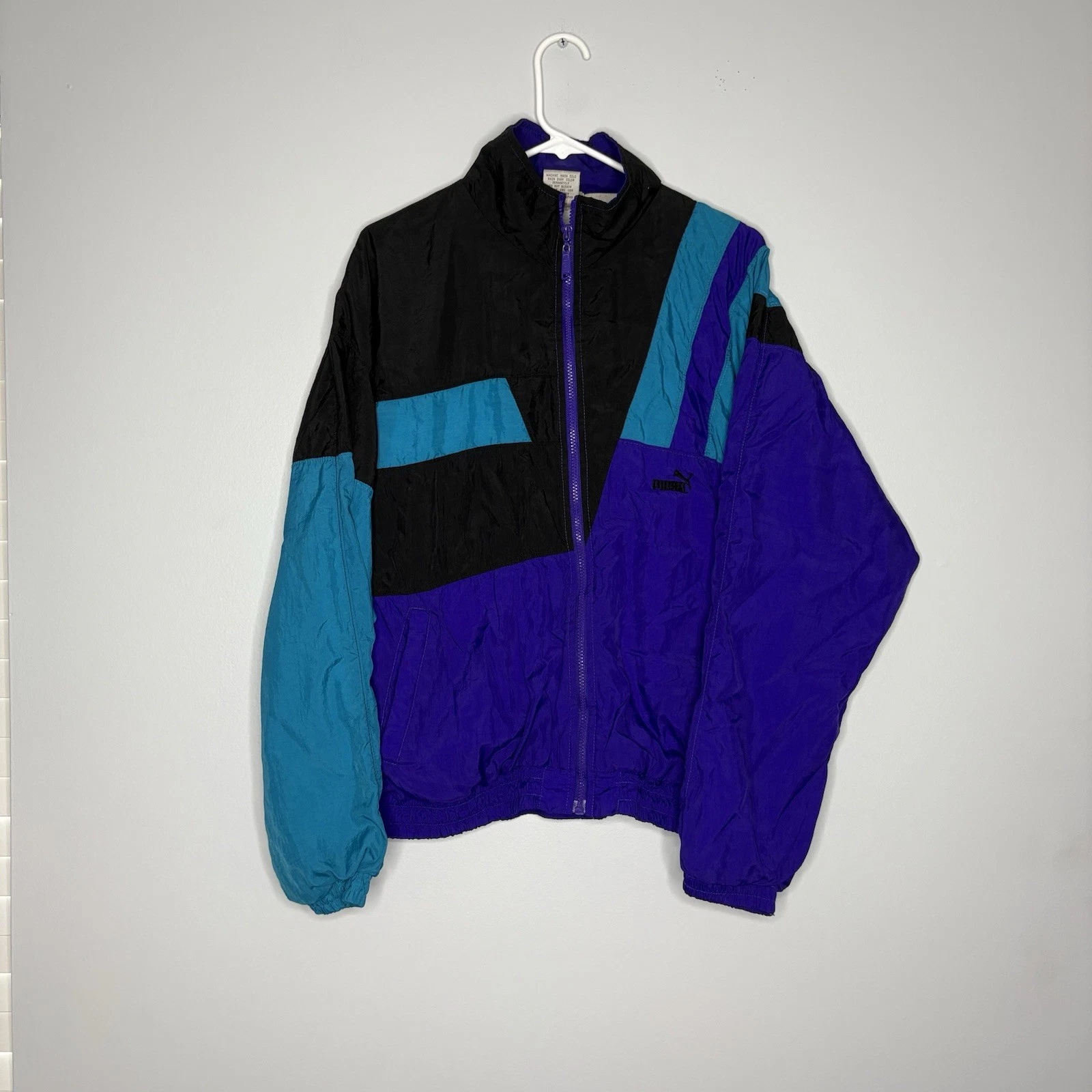 Vtg Puma Windbreaker Jacket Black Turquoise Purple Color Block 90s Mens Medium