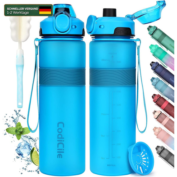 Trinkflasche Bpa-Frei 1L Auslaufsicher Sport Wasserflasche Blau Fitness Schule-image