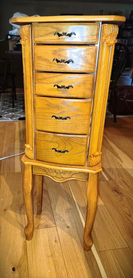 Armário de joias armário de carvalho organizador de caixa de joias espelho superior 3 gavetas - Imagem 4 de 4