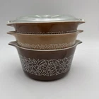 Vintage Pyrex Casserole Bowls Woodland Brown Tan Set 3 471 B 472 B 473 B + 1 Lid