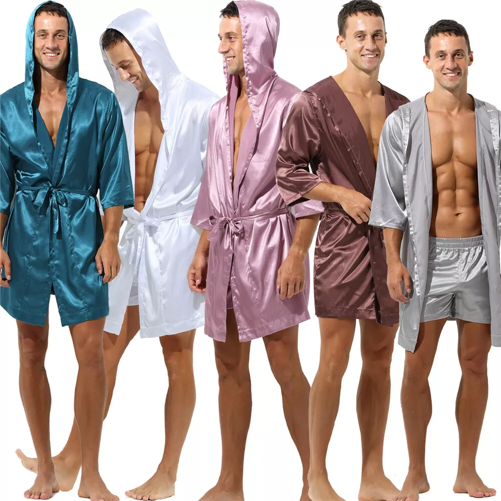 Men Kimono Hooded Sleep Robes Nightgown Bathrobes Nightwear Shorts Homewear Set