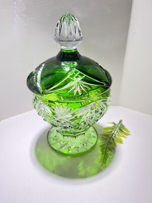 Caesar Crystal Bohemia Green Cut To Clear Candy Dish Signed By Dusan Bartle