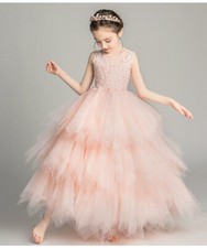 Kids Girl Ball Gown Long Cake dress Princess Show Pink Party Wedding Frock 9.31