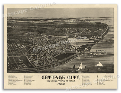 1890 Cottage City Massachusetts Vintage Old Panoramic City Map - 24x32