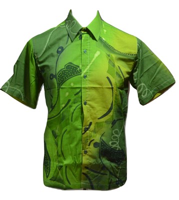 Green Batik Tulis Mens Shirt Hand Paint Artisan Tie Dye Clothing 