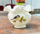 Fenton VERY RARE GIMBELS HP “BIRD ON HOLLY" ROSE BOWL**1981 Louise Piper