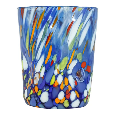 Murano Glass Drinking Glass Tumbler Blue Yellow Red Hand Made Millefiori 10cm