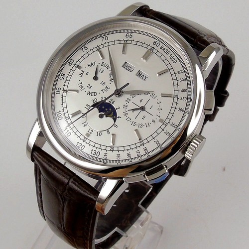 Reloj Estéril 42mm Automático Hombre Fecha Mes Año Semana Correa Cuero Blanco/Negro - Imagen 12 de 23