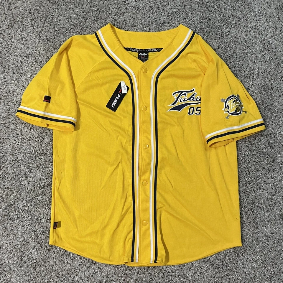 复古 FUBU League 05 棒球球衣青少年 XL (20) 蓝色黄色纽扣扣扣 — 第 2/4 张图片