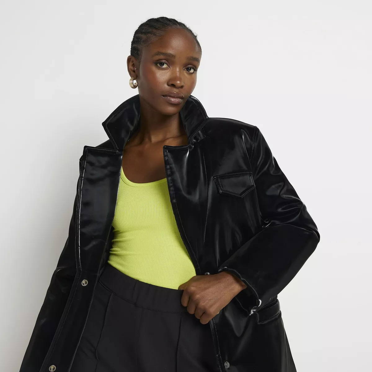 River Island RRP 85 Black Shiny Belted Collared warm winter jacket 16