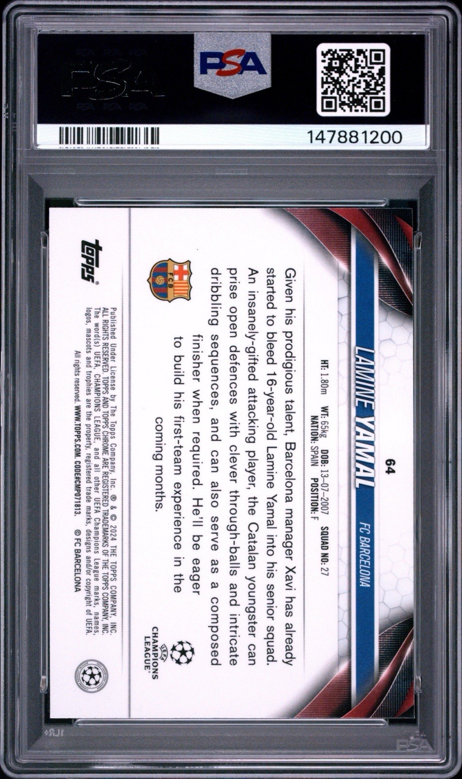 Lamine Yamal (2 Cards)64 (RC)chrome 2023 PSA Gem Mt 10 & Arena 9.5 Mint view 2