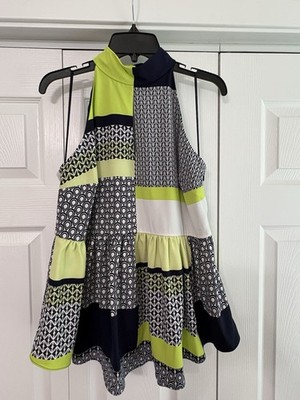 Kaari Blue Women's High Neck Top. Size L. Lime And Blue. NWT