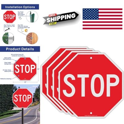 Stop Signs 12 x 12 Inches Reflective Rust Free Aluminum Weather Resistant 4 Pack