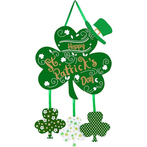 Happy St. Patrick's Day Door Sign Wooden Irish Hanging Welcome Board Shamrock...