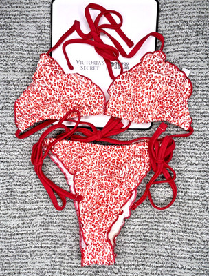 VS PINK Frankies Bikinis NWT Large Red Leopard Print Reign Triangle Bikini Set