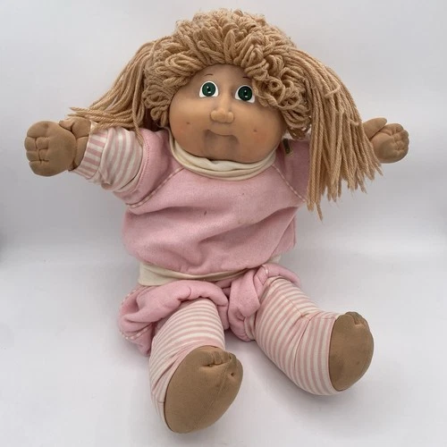 Cabbage Patch Kids Doll ‘83 Yarn Brown/Tan Hair Green Eyes Original Pink Clothes