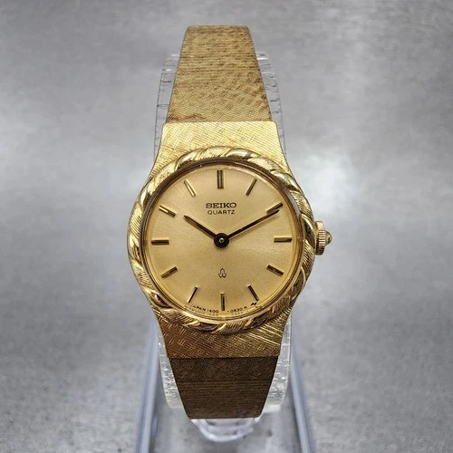 Seiko Watch Women 19mm Gold Dial Gold Tone Round 1400-0110 New Battery VTG
