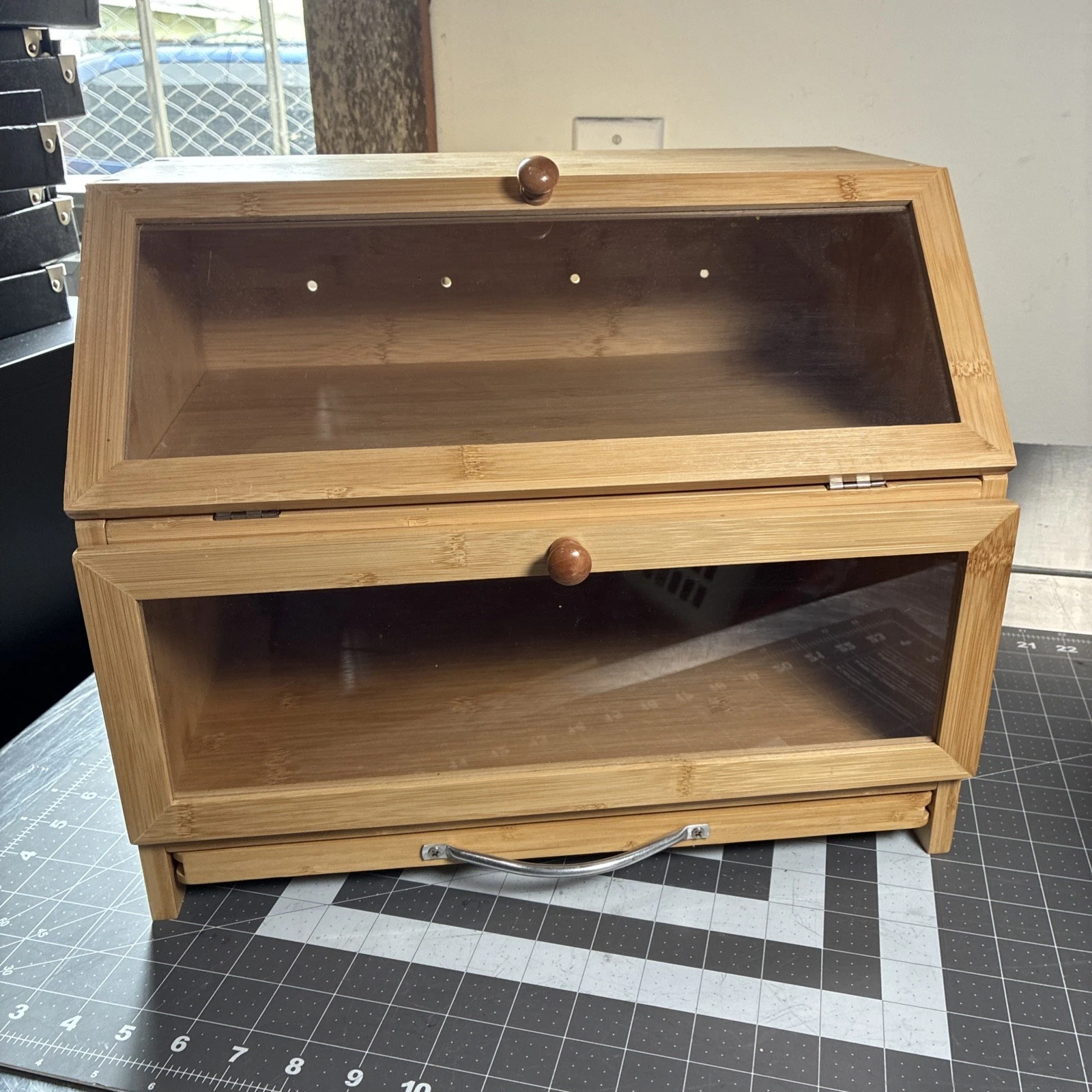 2-Tier Bamboo Breadbox W/Tongs Sliding Hidden Cutting Board W/knife