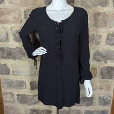 Kendall & Kylie Dress Small Black Mini Peasant Long Sleeve Lace Up Festival
