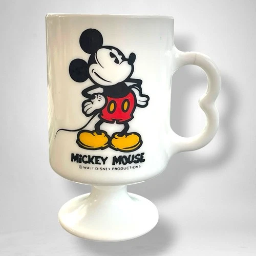 Vintage Disney Mickey Mouse Milk Glass Footed Pedestal Coffee Cup Mug