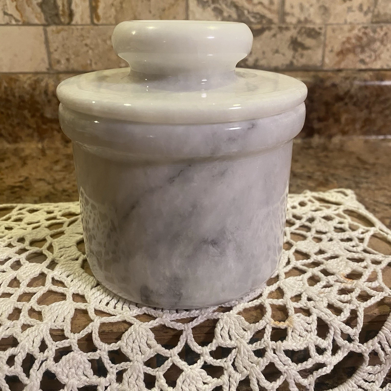 White Marble French Butter Crock with Lid Butter Keeper
