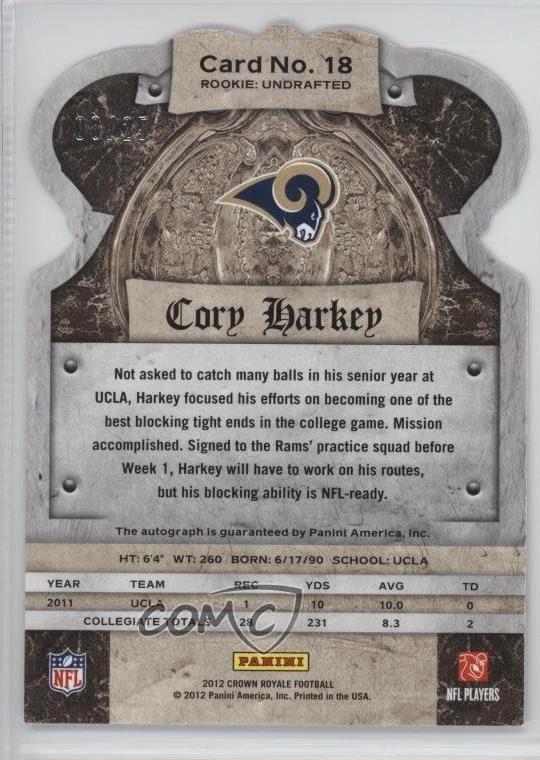 2012 Crown Royale Rookie Signatures Purple /25 Cory Harkey #18 Auto RC - Image 2 of 2