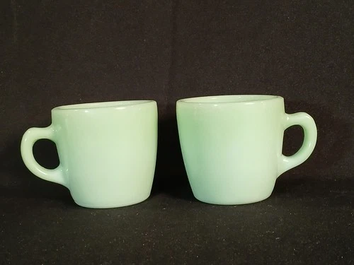 Two VTG. 1950's Fire King Oven Ware 3" Jadeite Green Heavy C Handle Mugs Cups