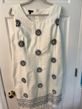 NWT Talbots White Sheath Lined Cotton Dress With Black Flower Embroidery Size 14