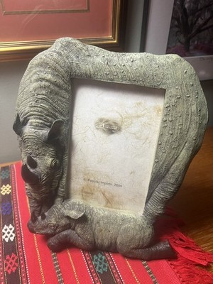 Vintage 3D Rhinoceros Picture Frame Holding 4x6 Inch Photo Hand Painted
