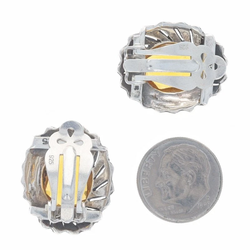 Aretes grandes con halo de vidrio y marcasita naranja esterlina 925 con clip de milgrain Foto 3 de 4