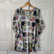 Vintage Vision Womens Plaid Floral Tunic Dress Size LG Roll Tab Sleeves Feminine