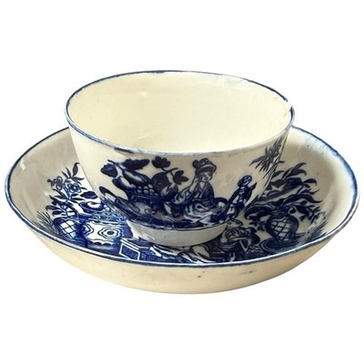Antique Ca. 1775 Worcester Dr. Wall Period Blue Tea Cup Saucer Mother & Child