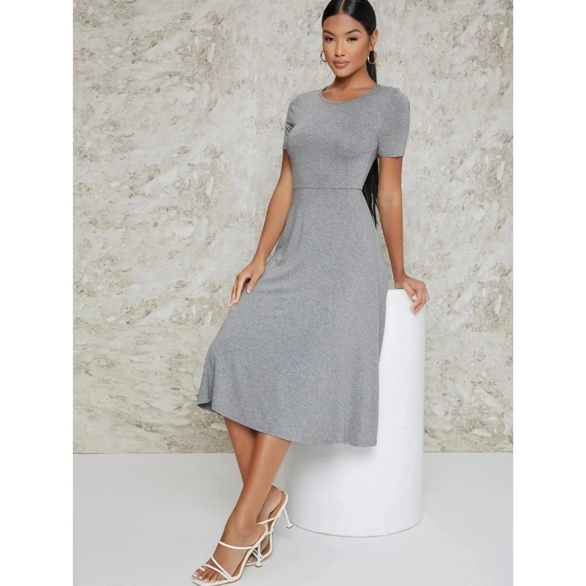 SHEIN Fit and Flare Solid Midi Dress S